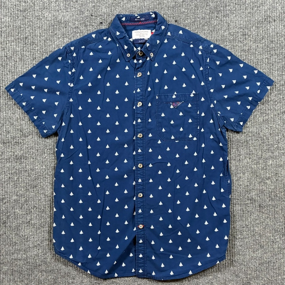 Denim &‎ Flower Shirt Mens L Blue Sailboat Print Slim Fit Button Up Casual Beach